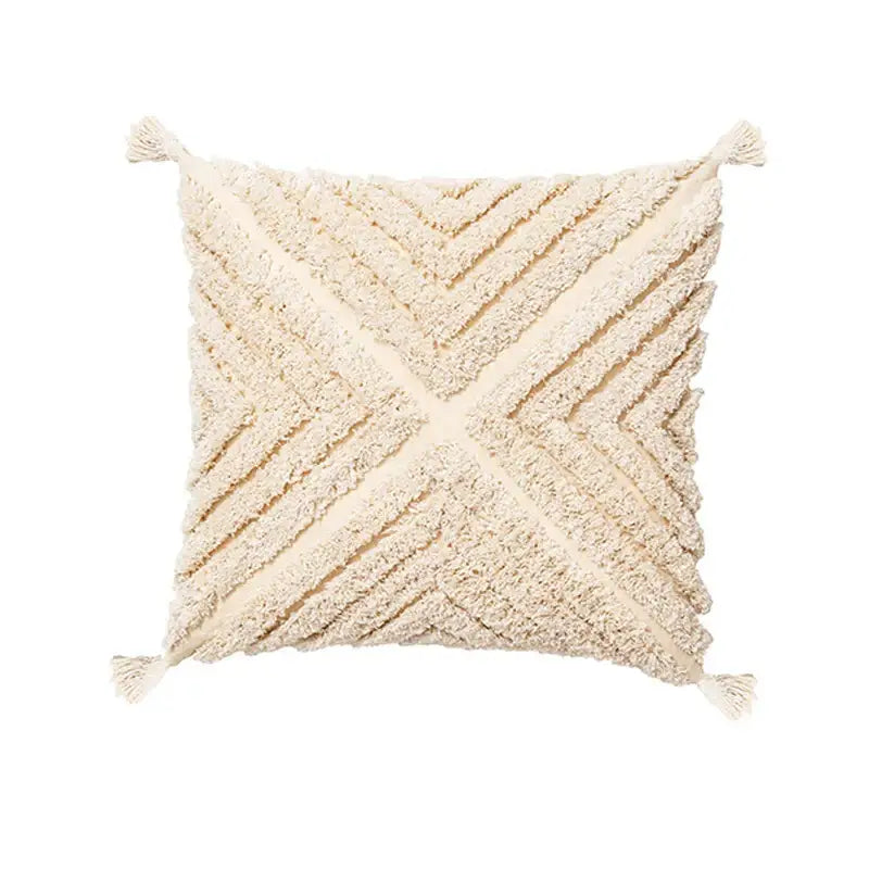 Cream-colored textured cushion cover with woven chevron pattern and decorbites beige tassels for living room decor