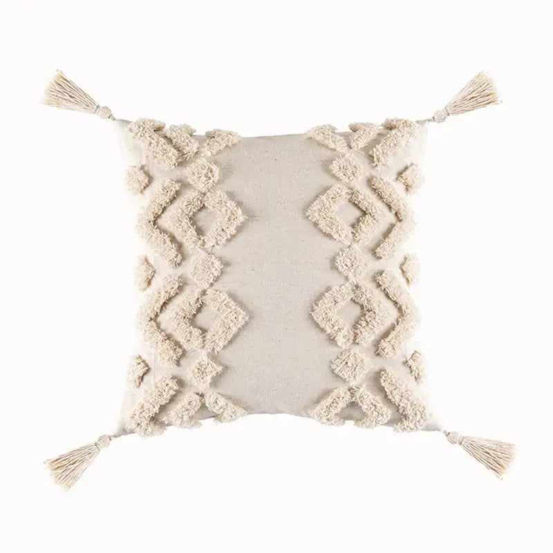 Cream-colored textured beige tassels cushion cover with diamond patterns and tassels for living room decorbites decor