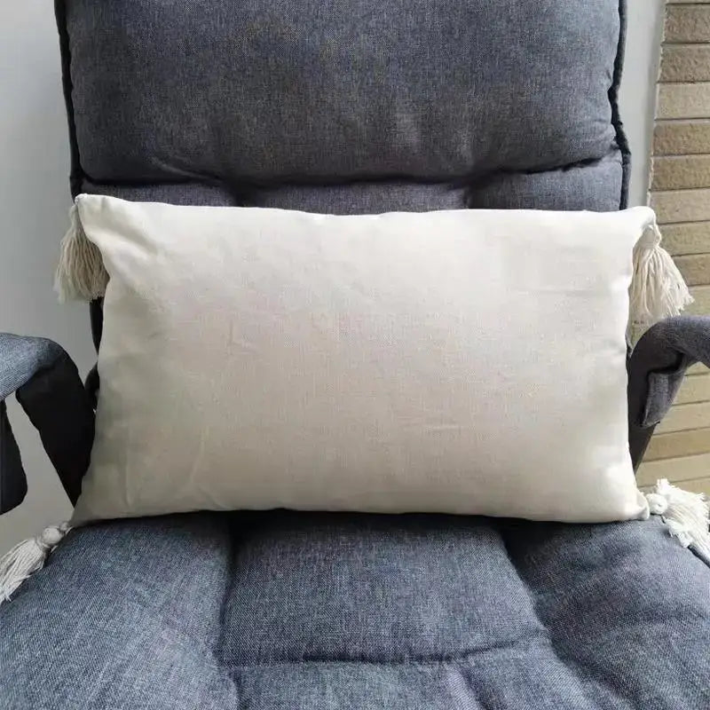Cream-colored textured cushion cover with white tassels on corners for decorbites beige tassels cushion decor