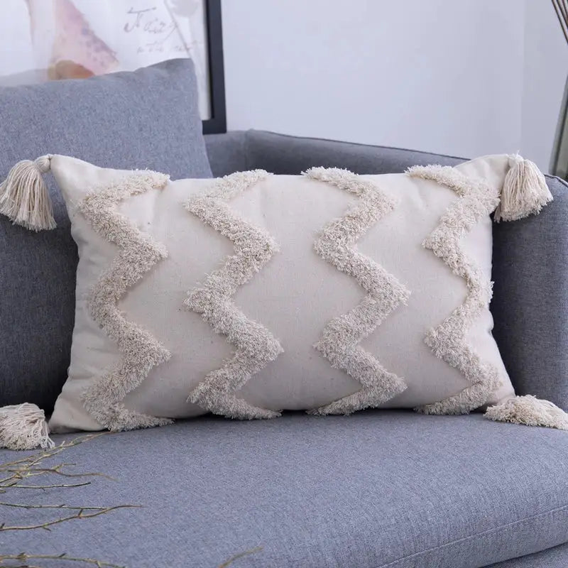 Cream-colored canvas beige tassels cushion cover with plush fleece trim for decorbites beige tassels living room decor