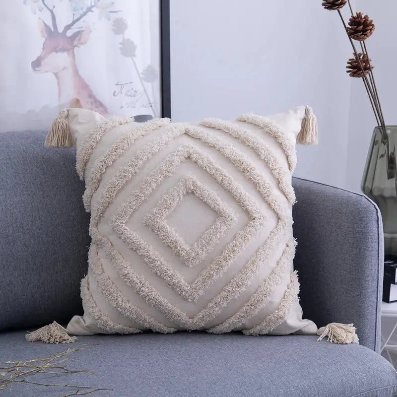 Cream-colored textured diamond pattern cushion cover with beige tassels for decorbites beige tassels cushion decor
