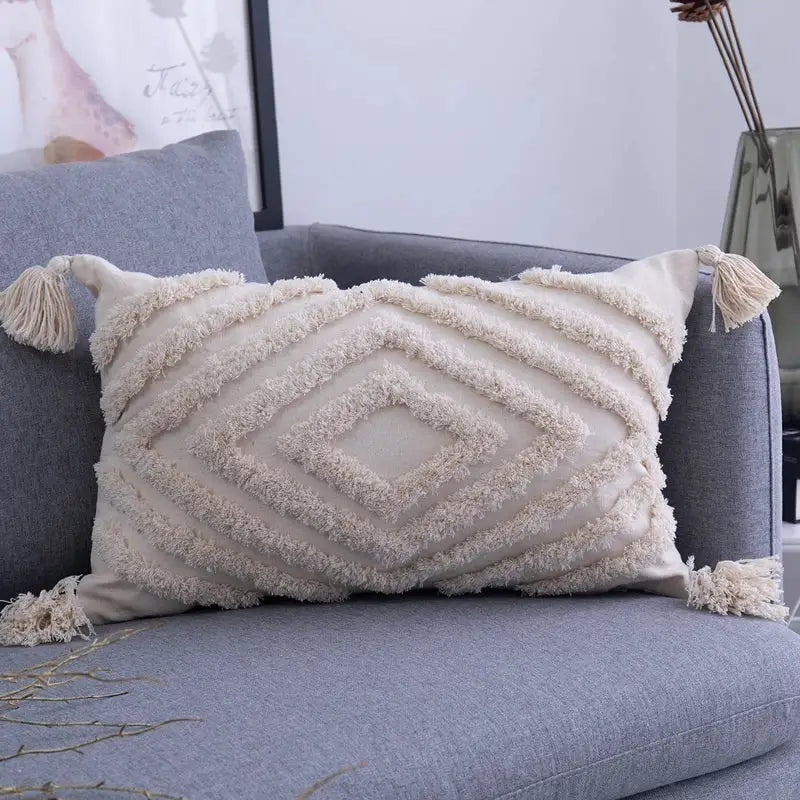 Cream-colored textured cushion cover with diamond pattern and beige tassels for living room decorbites beige tassels cushion