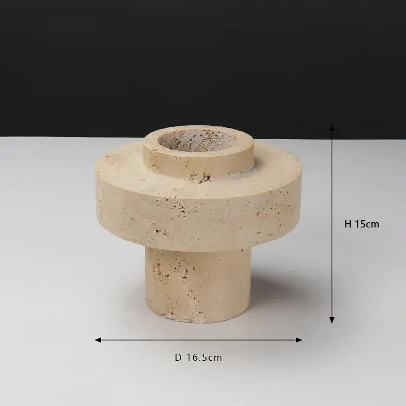 Beige travertine stone textured vase with circular opening and cylindrical base for dining room decorbites beige travertine