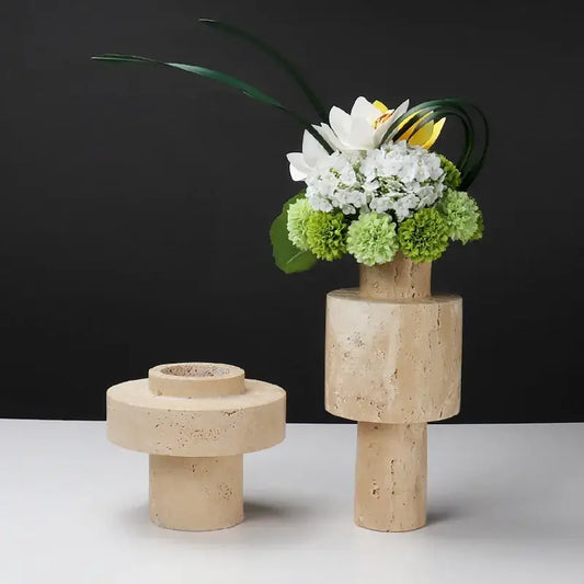 Beige travertine stone vase with stacked cylindrical segments and a textured natural finish for dining room decorbites beige travertine