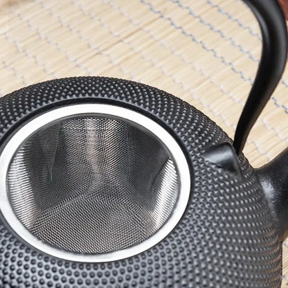Textured black cast iron tea pot with dotted surface and silver-toned metal infuser for kitchen steeping