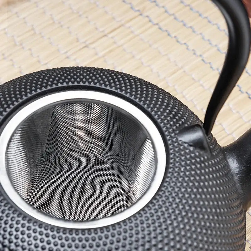 Textured black cast iron tea pot with dotted surface and silver-toned metal infuser for kitchen steeping