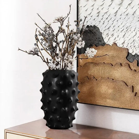 Textured black ceramic flower vase with bumpy surface by decorbites for elegant living room decor
