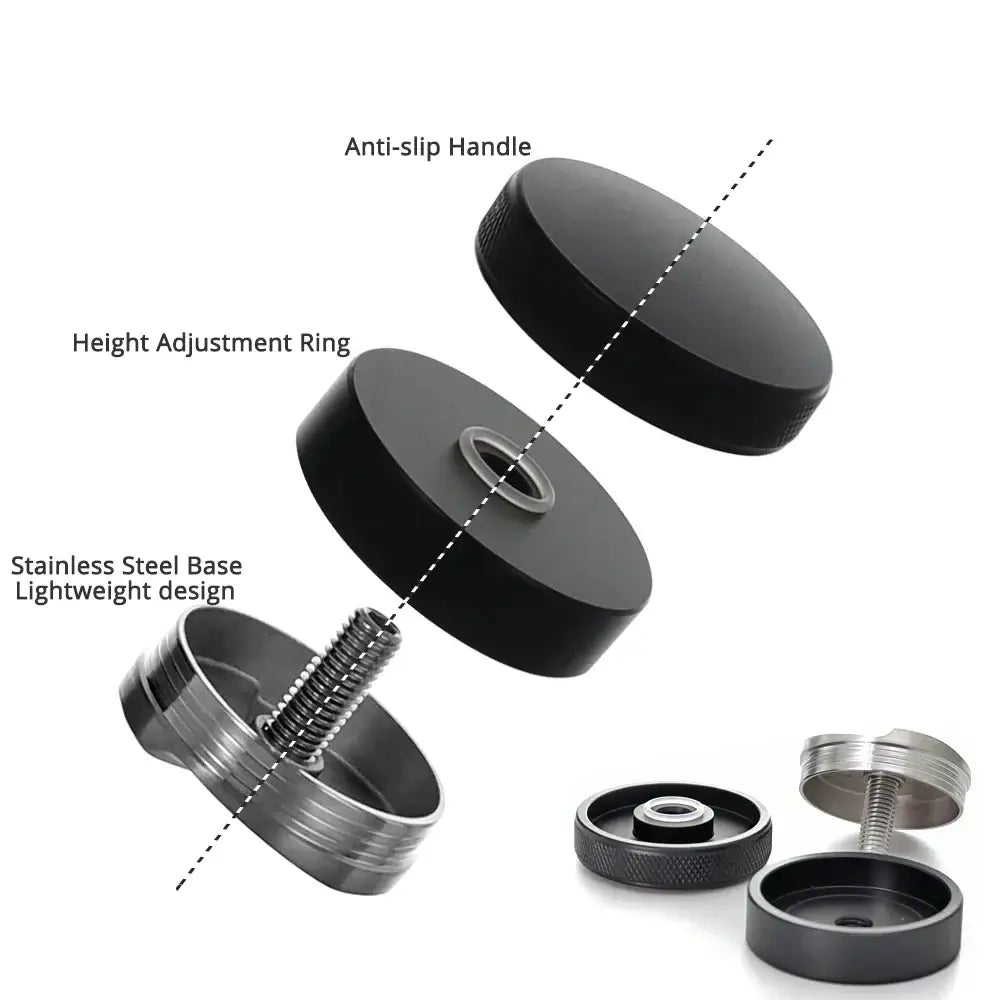 Textured black espresso distribution tool with anti-slip handle, height adjustment ring, and stainless steel base for espresso distribution