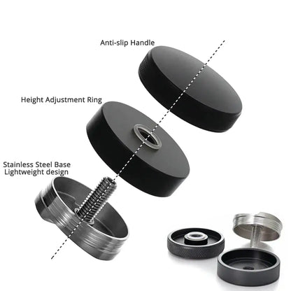 Textured black espresso distribution tool with anti-slip handle, height adjustment ring, and stainless steel base for espresso distribution