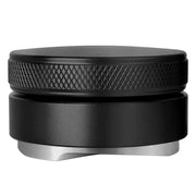 Black espresso distribution tool with textured grip ring and stainless steel base for precise espresso distribution