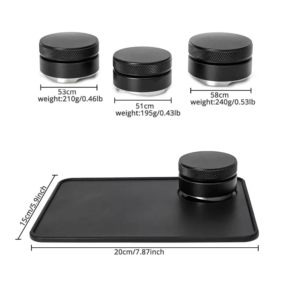 Textured black espresso distribution tool with knurled tops and metallic bases for precise espresso distribution