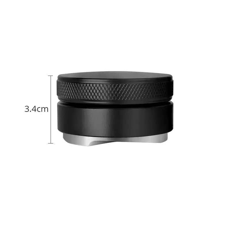 Black metal espresso distribution tool with textured grip and silver base for precise espresso distribution