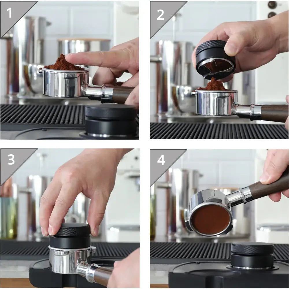 Silver espresso portafilter with wooden handle and black textured palm tamper for precise espresso distribution tool use