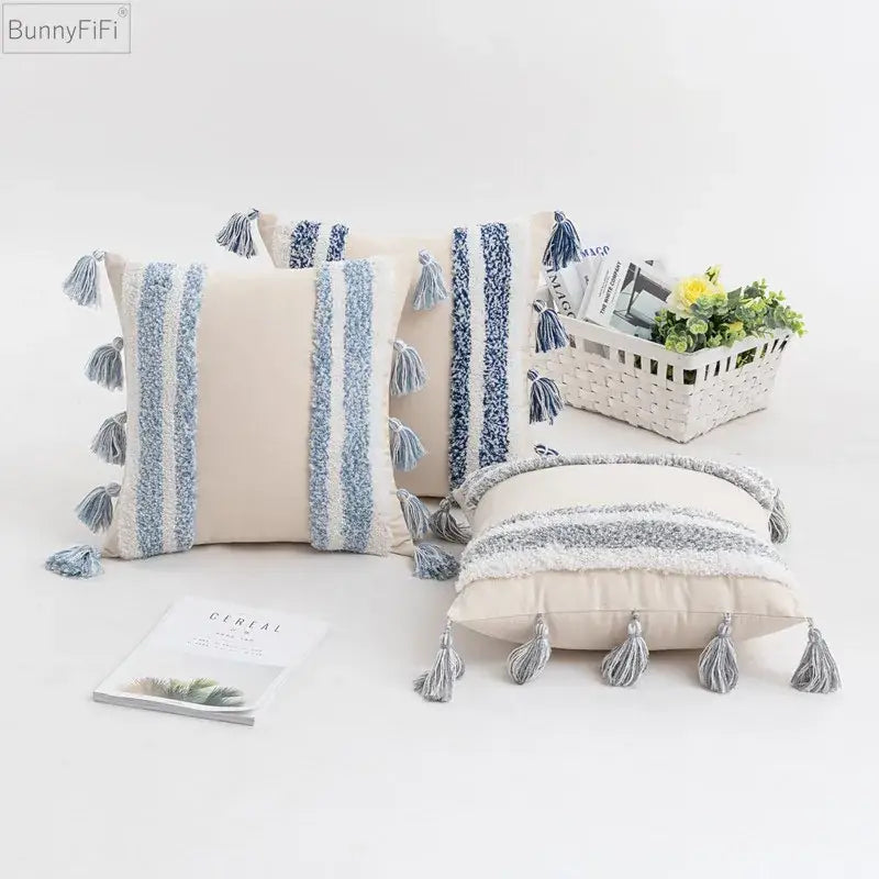 Textured blue and beige striped cushion cover with tassel trim and cozy knit design for home decor by decorbites blue grey