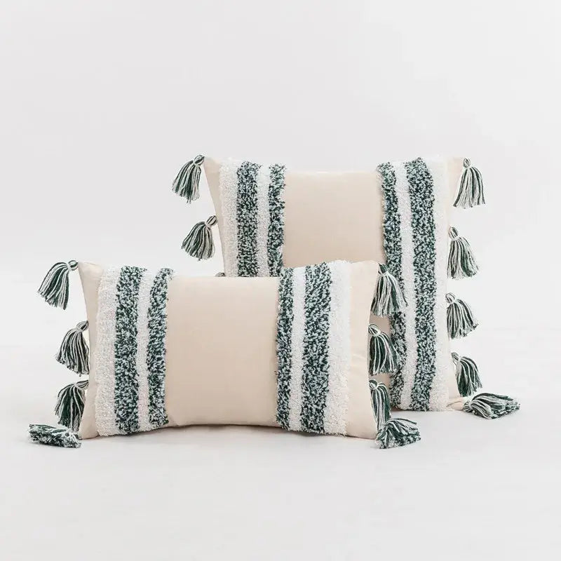 Cream-colored rectangular throw pillow with textured black and white stripes and tassels home decor cushion cover decorbites blue grey
