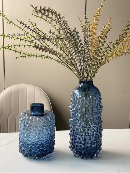 Two blue glass flower vases with textured bubble surface decorbites clear glass for living room hydroponic decor