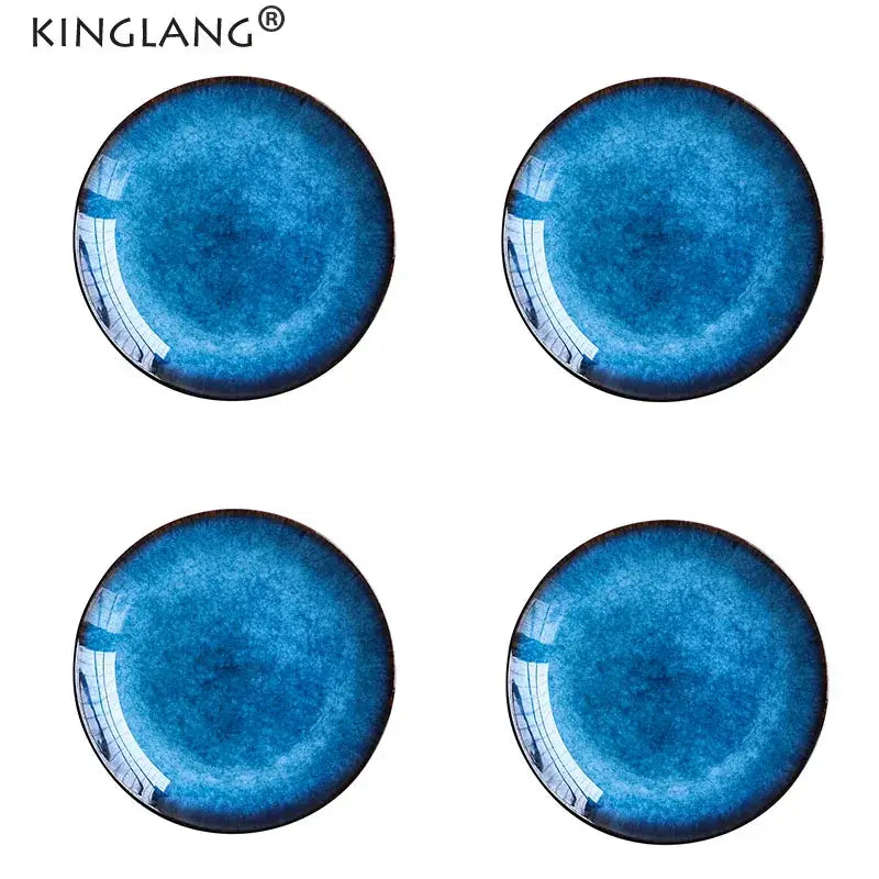 Set of four round blue ceramic dinner plates with textured gradient glaze for decorbites ceramic dinner plate set