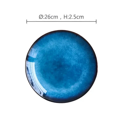 A decorbites ceramic dinner plate with a textured blue gradient glaze, glossy finish, ideal for dining room use