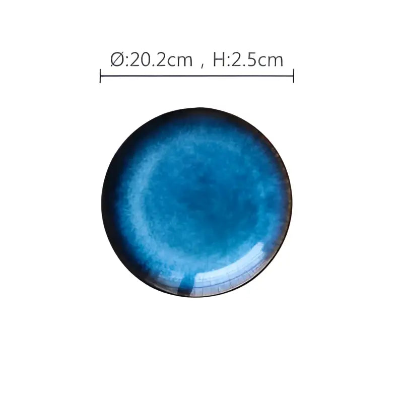 A decorbites ceramic dinner plate with textured blue gradient glaze and dark rim measuring 20.2cm diameter