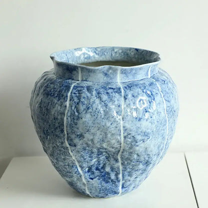 Textured blue and white decorbites blue ceramic vase with fluted rim and vertical ridges for ceramic vase hydroponic use