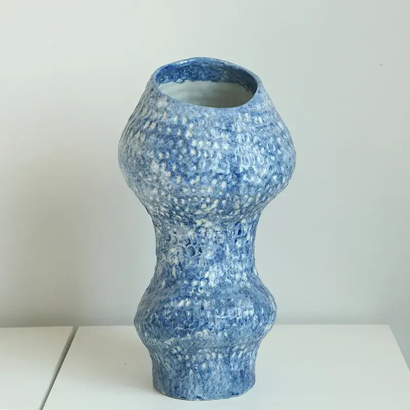 Textured blue ceramic vase with speckled glaze and organic shape for ceramic vase hydroponic decorbites blue ceramic set