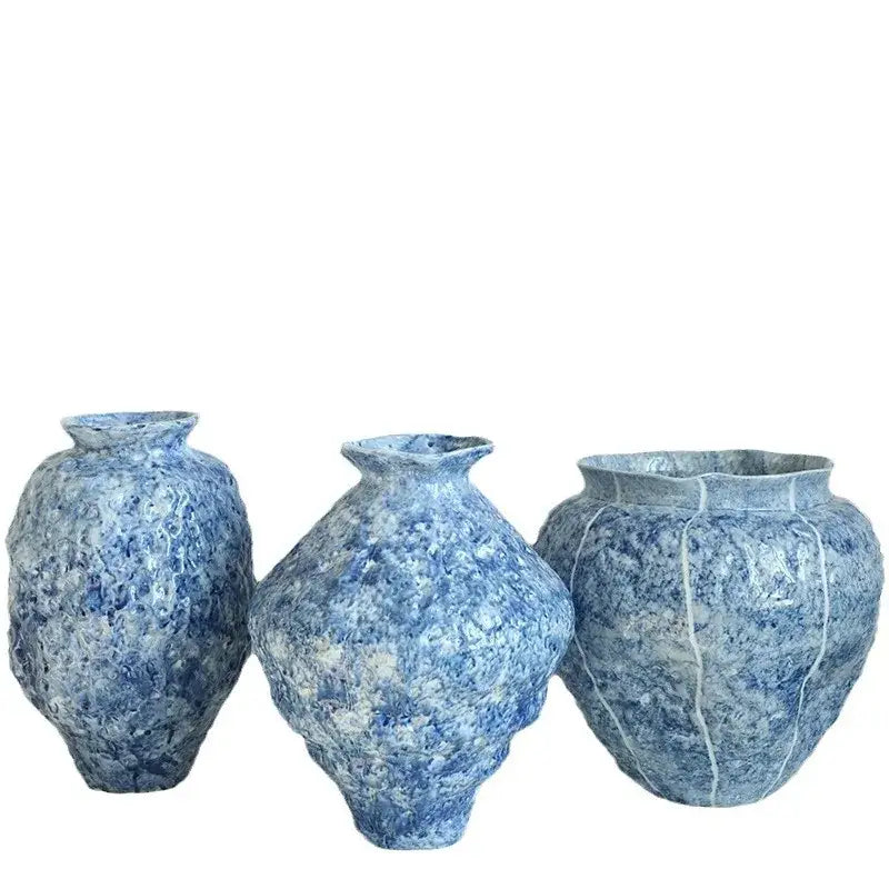 Three handcrafted decorbites blue ceramic vases with textured speckled blue and white glaze for hydroponic living room decor