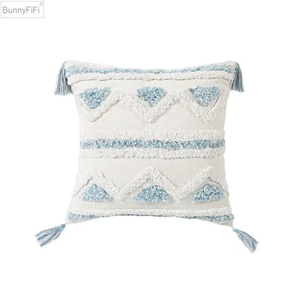 Bunnyfifi cream cushion cover with light blue decorbites blue geometric embroidery and tassels for living room decor