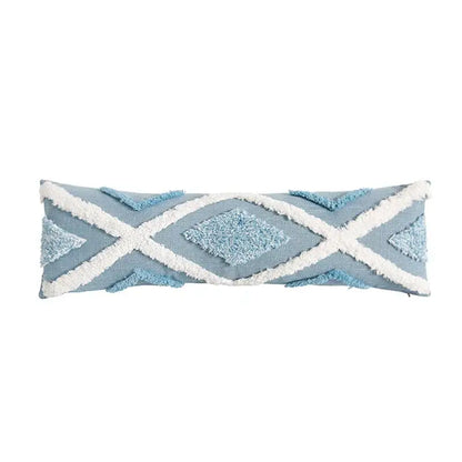 Light blue cushion cover with white fringed geometric patterns and textured diamond accents for living room decorbites blue geometric style