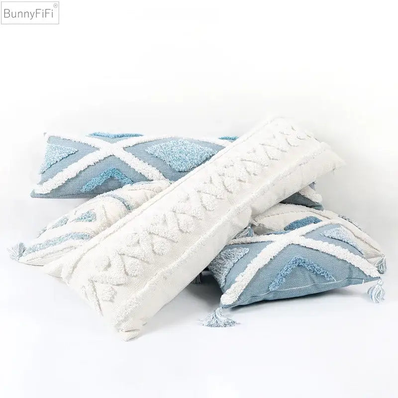 Textured blue and white cushion cover with embroidered geometric patterns and tassels for living room decorbites blue geometric