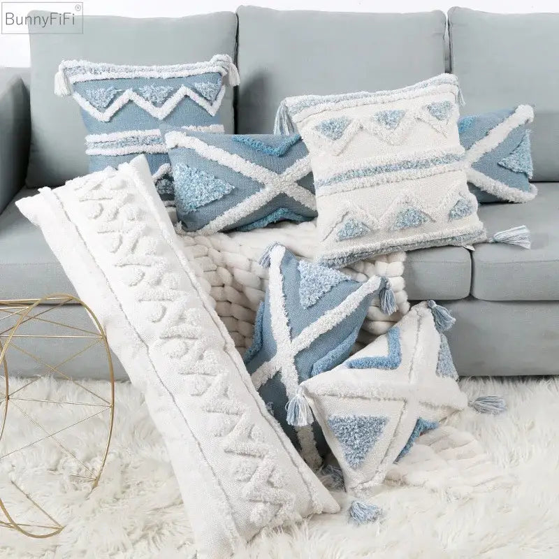 Textured blue and white geometric cushion cover with tassels for living room decorbites blue geometric style