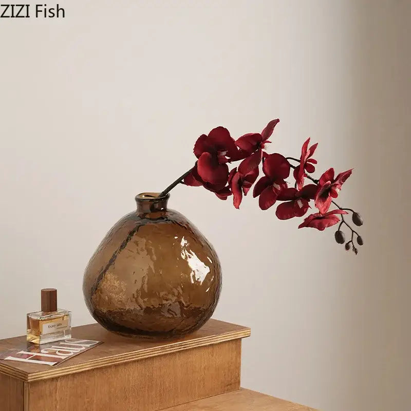 Textured brown glass vase with rounded body and narrow neck for hydroponics plant decorbites brown glass use