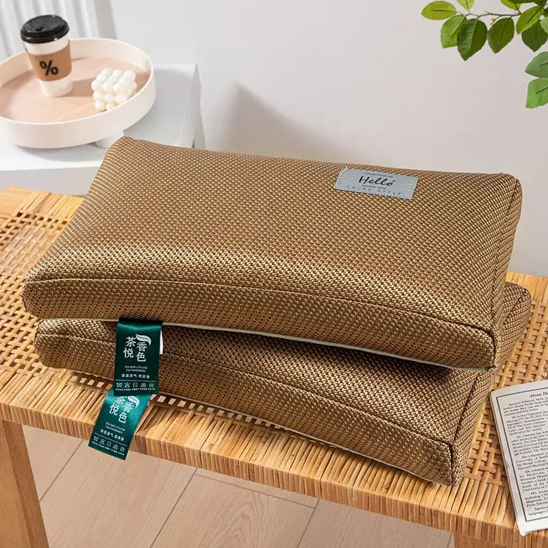 Brown woven cooling cervical pillowcase with textured pattern and silver label from decorbites cooling cervical collection