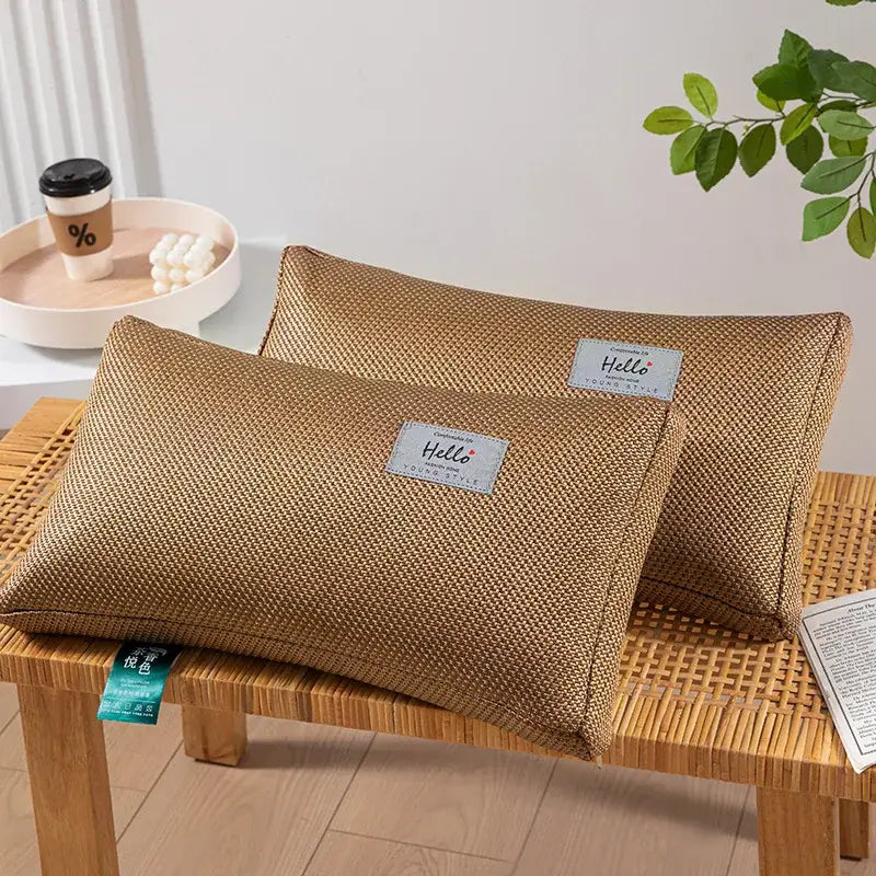 Two beige textured woven fabric pillowcases with decorbites cooling cervical pillow for bedroom sleep health decorbites cooling