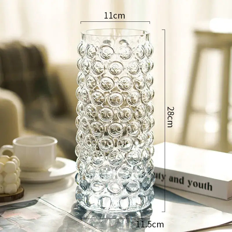 Clear glass hydroponics plant pots with textured raised bubble surface for living room table display