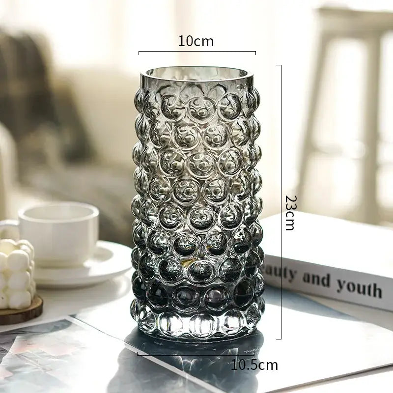 A tall 23cm gray translucent glass textured bubble hydroponics plant pot for living room table decor