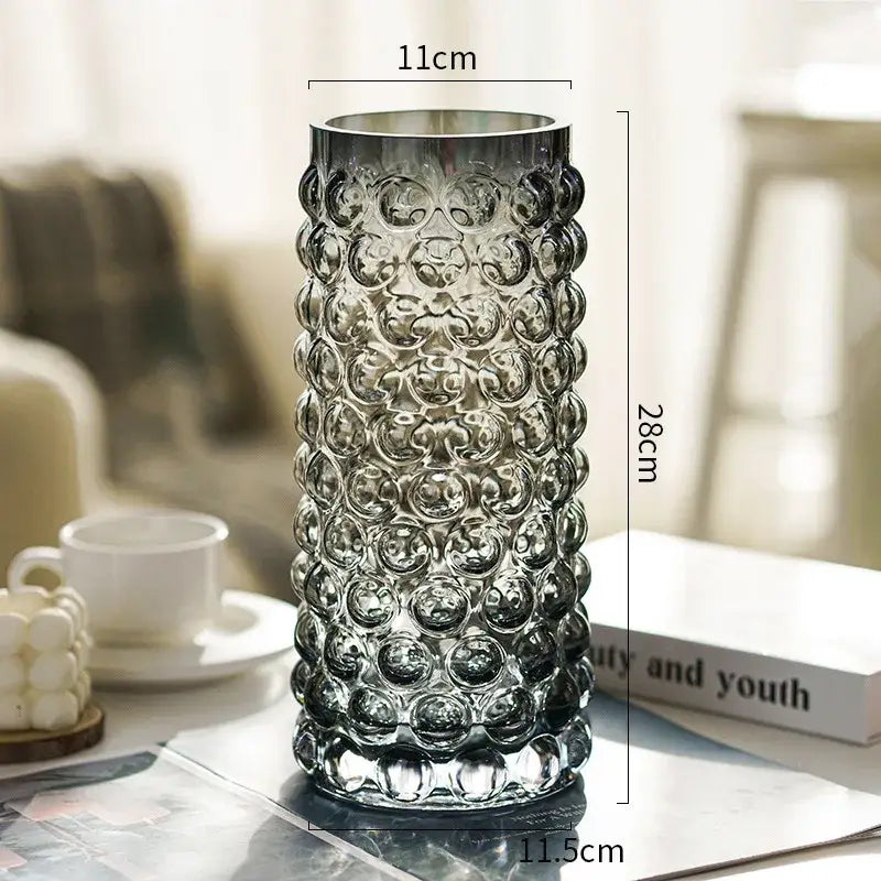 Tall frosted gray textured bubble glass hydroponics plant pot with raised circular patterns for living room table