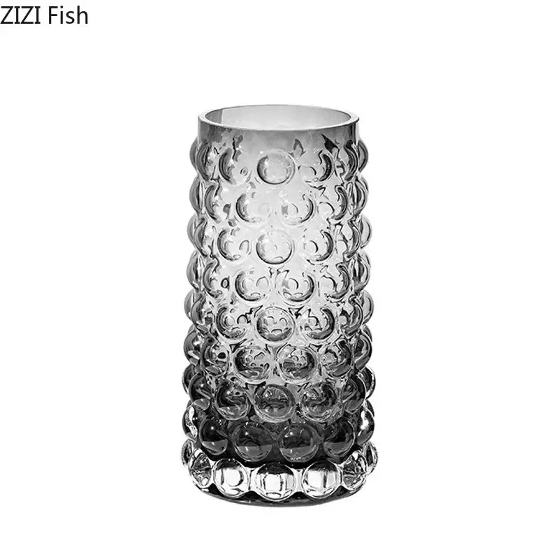 Clear glass hydroponics plant pots with textured bubble surface and ombre effect from transparent to dark gray
