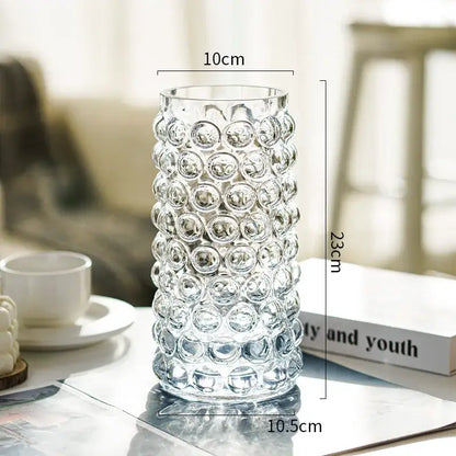Clear glass hydroponics plant pot with raised circular bubble texture measuring 23cm tall for living room table