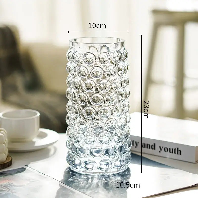 Clear glass hydroponics plant pot with raised circular bubble texture measuring 23cm tall for living room table
