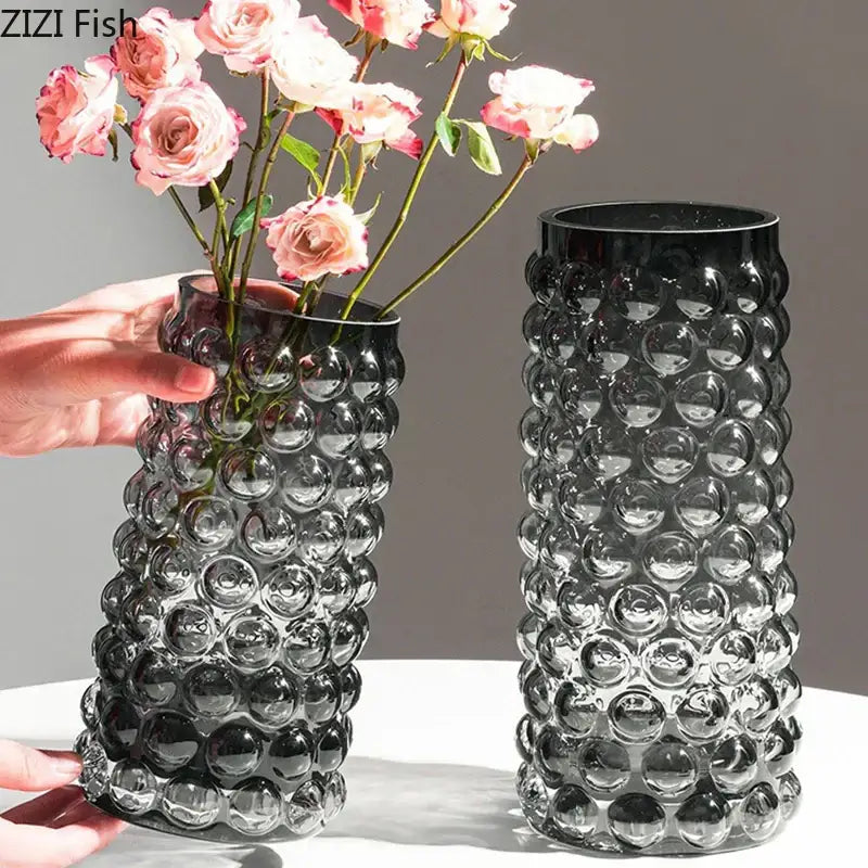 Black glass hydroponics plant pot with textured raised glossy spheres for living room table decor