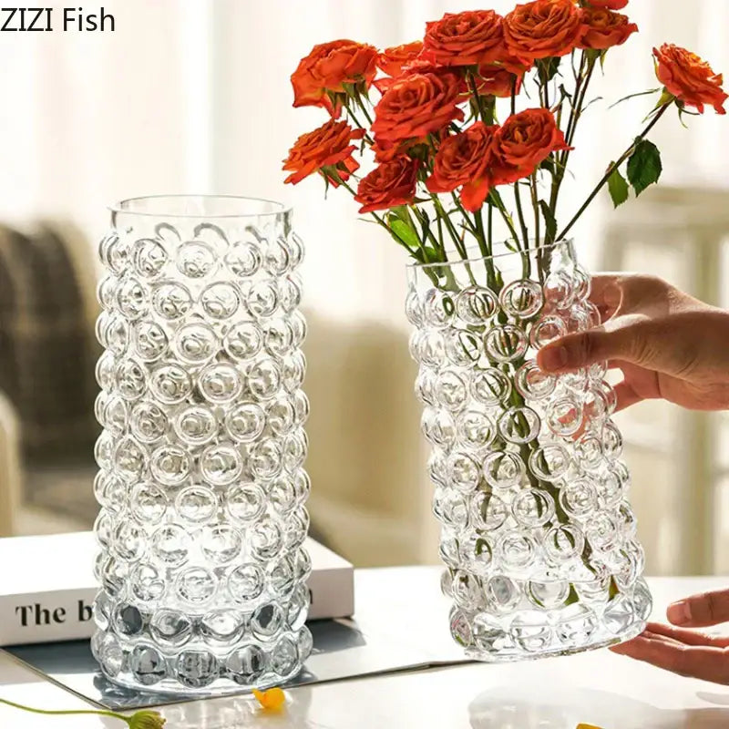Clear glass hydroponics plant pot with textured raised bubble design ideal for living room table decor