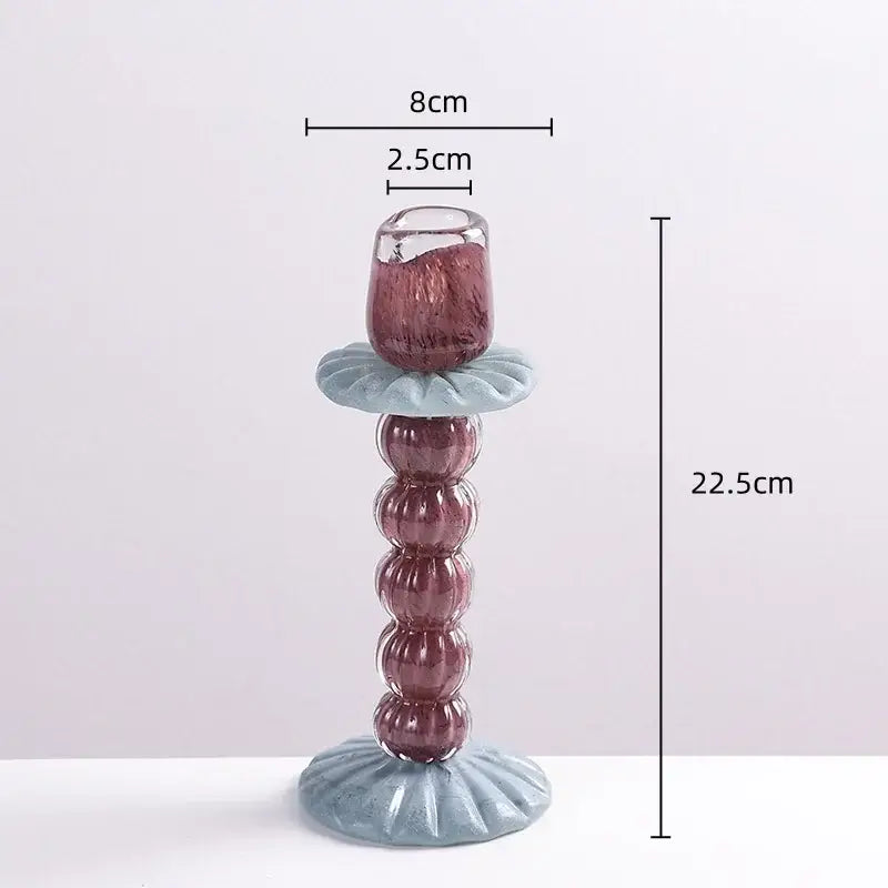 Textured burgundy and light blue geometric glass candlestick holder decorbites with faceted body and scalloped base for dining room decor