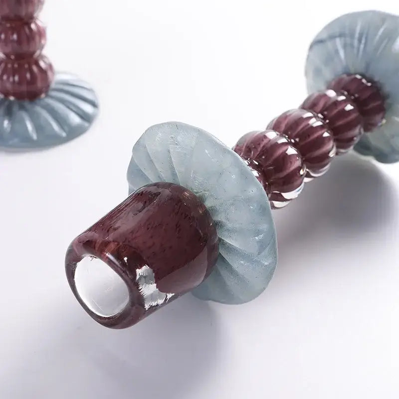 Textured burgundy and light blue glass candlestick holder with geometric glass beads for decorbites dining room decor