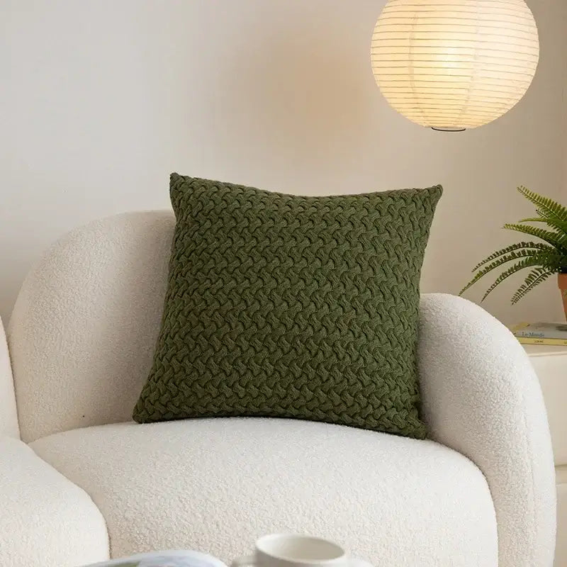 Olive green cable knit cotton pillow cover with textured woven pattern for living room decorbites decor