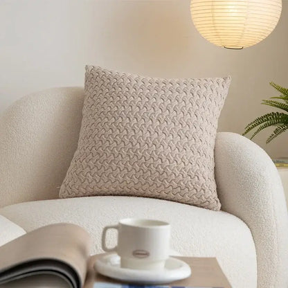 Beige cable knit cotton pillow cover with textured interwoven pattern for decorbites living room decor