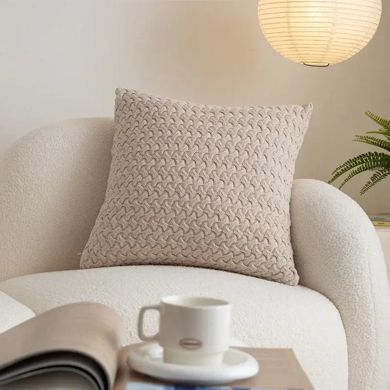 Beige cable knit cotton pillow cover with textured interwoven pattern for decorbites living room decor