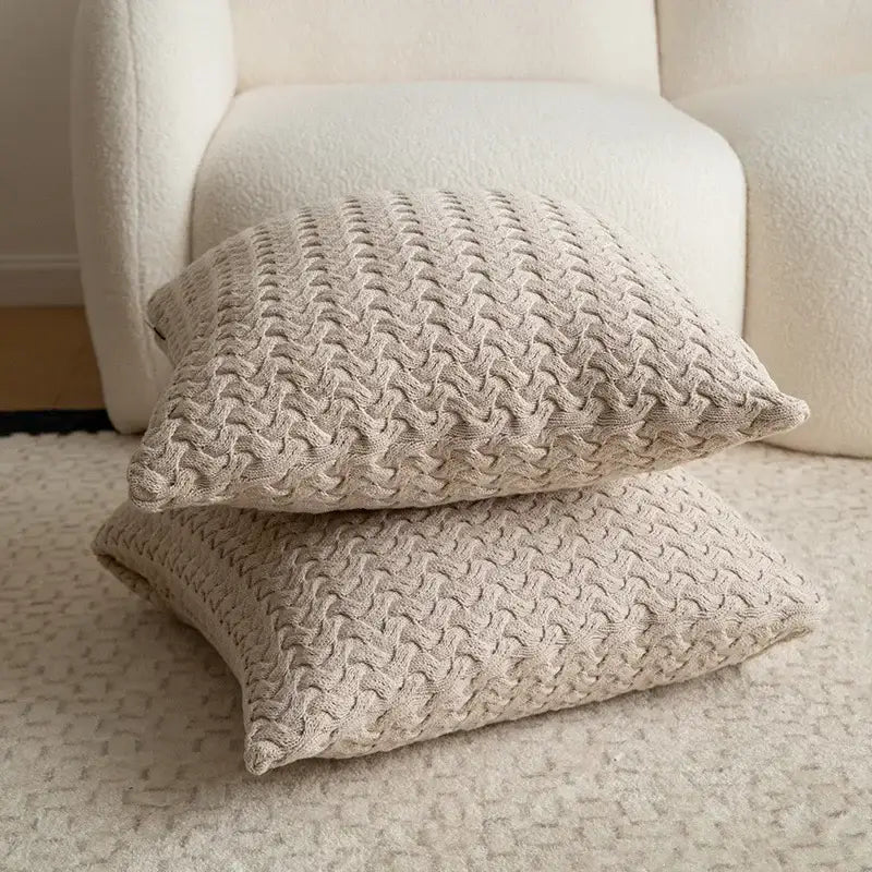 Beige textured cable knit cotton pillow cover set with woven pattern for living room decorbites pillow cover decor