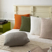 Set of five decorbites cable knit cotton pillow covers in orange olive green white beige and gray for living room decor