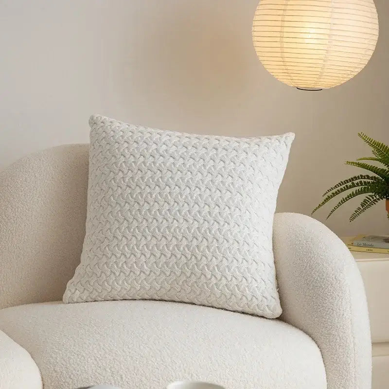 White textured throw pillow with woven basketweave pattern cable knit cotton pillow cover for living room decorbites decor
