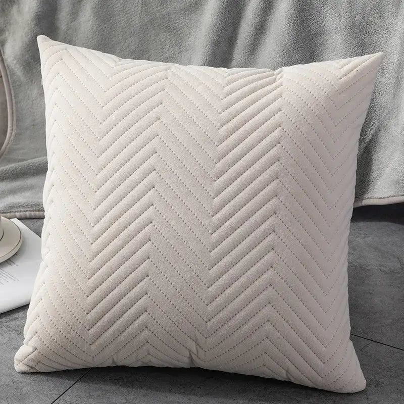 Cream-colored cushion cover with soft plush texture and prominent zigzag quilting for decorbites blue wave decor